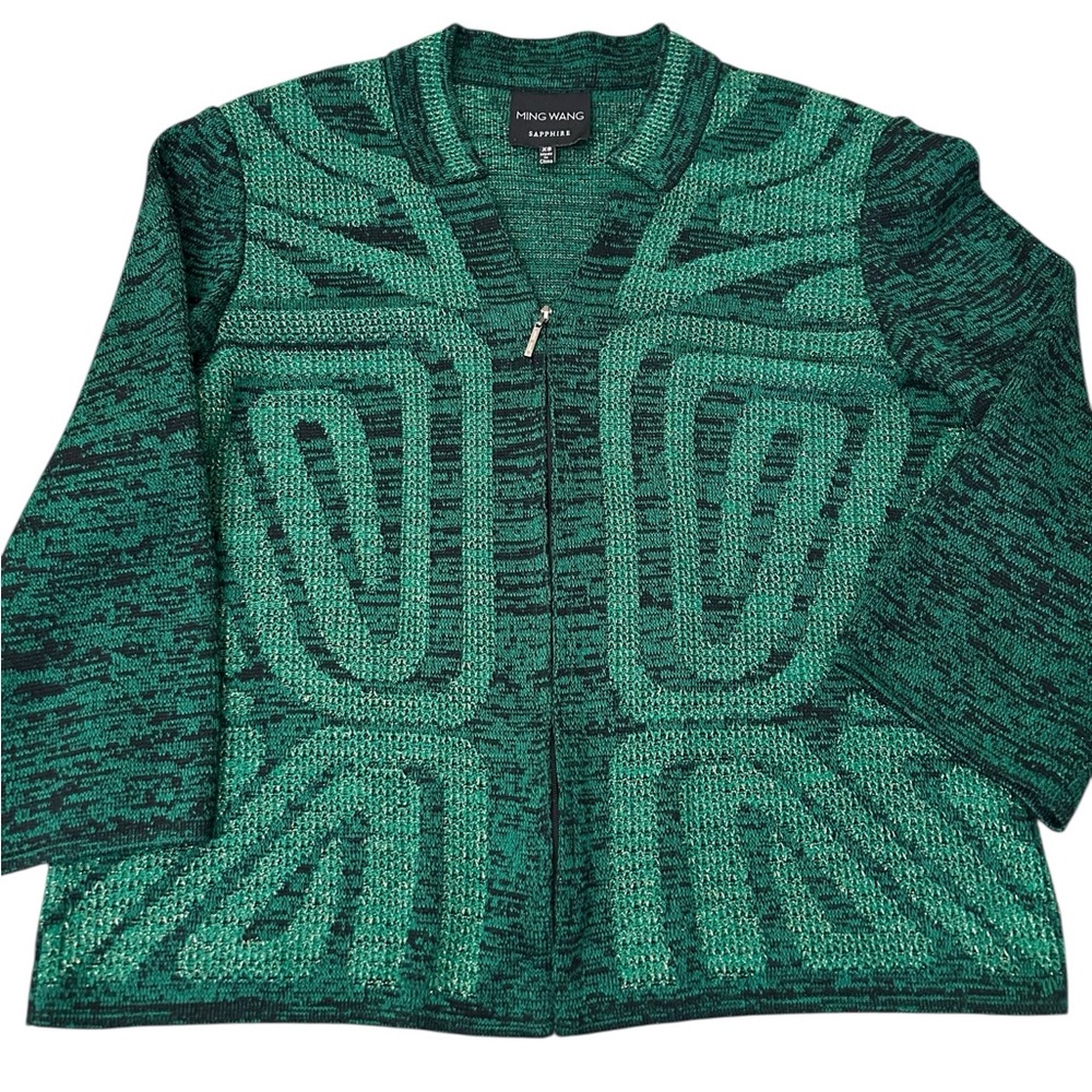 MING‎ WANG SAPPHIRE XS Emerald Green Metallic Geometric Knit Zip Jacket Blazer
